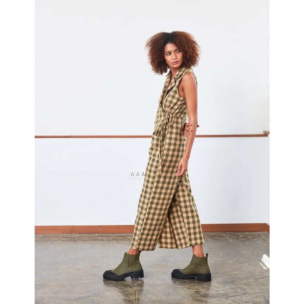 Free People Olive & Tan Plaid Sleeveless Wide-Leg Jumpsuit